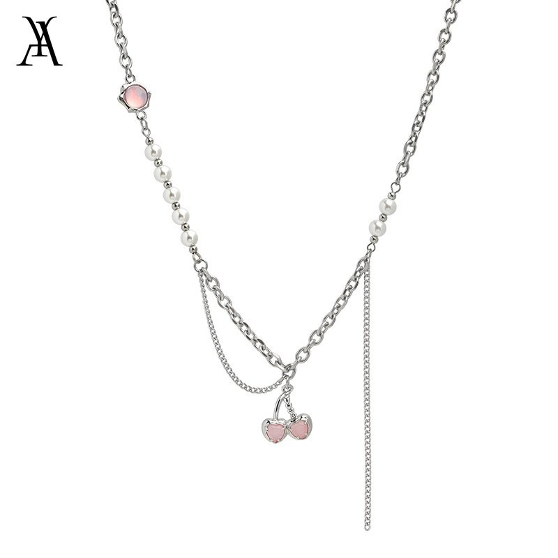 AY(CN) Set Anting Tusuk + Kalung Rantai Silver Wanita Desain Buah Ceri Hias Mutiara Pink