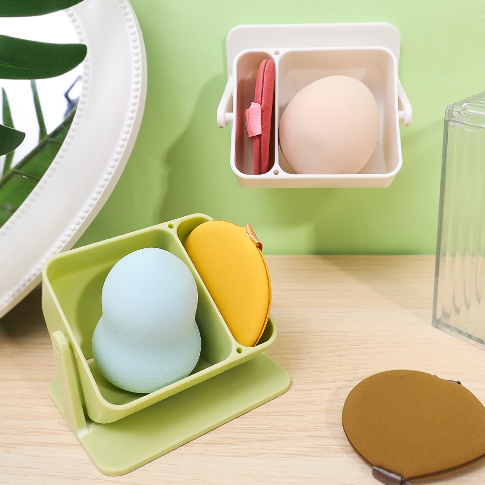Beauty Egg Puff Braket Penyimpanan Dua Kompartemen Yang Dapat Diputar Di Dinding Tiga Dimensi Kotak Penyimpanan Self-Adhesive Makeup Sponge Storage Rack