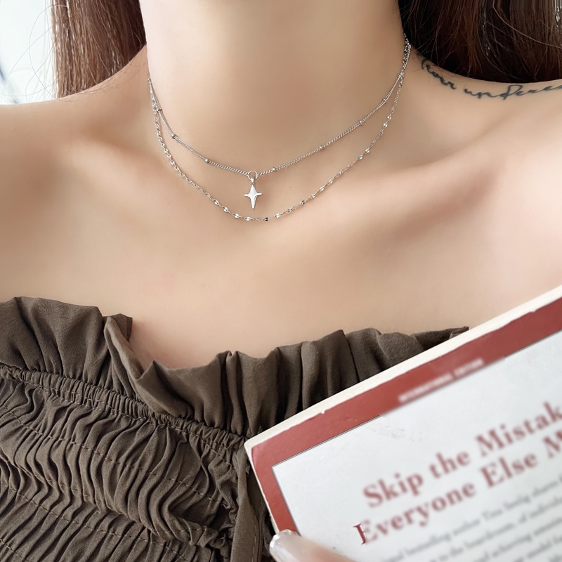 Magic789 Kalung Liontin Bintang Rantai Ganda Keren Untuk Wanita Gadis Kepribadian Manik Bulat Kecil Rantai Leher Temperamen Perhiasan Leher Pakaian Sehari-Hari