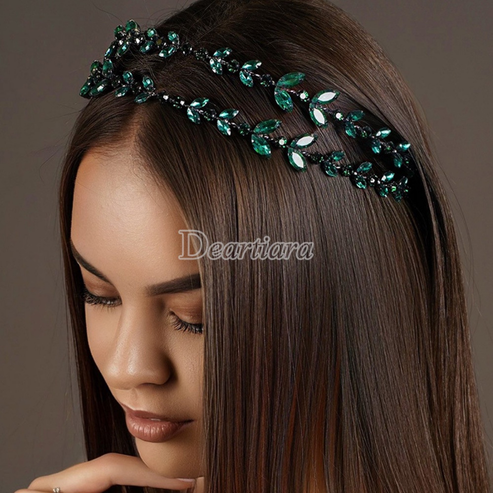 Cahaya Mewah Double Layer Hijau Kristal Rambut Band Eropa Dan Amerika Hiasan Kepala Fashion Temperamen Daun Pengantin Head Band