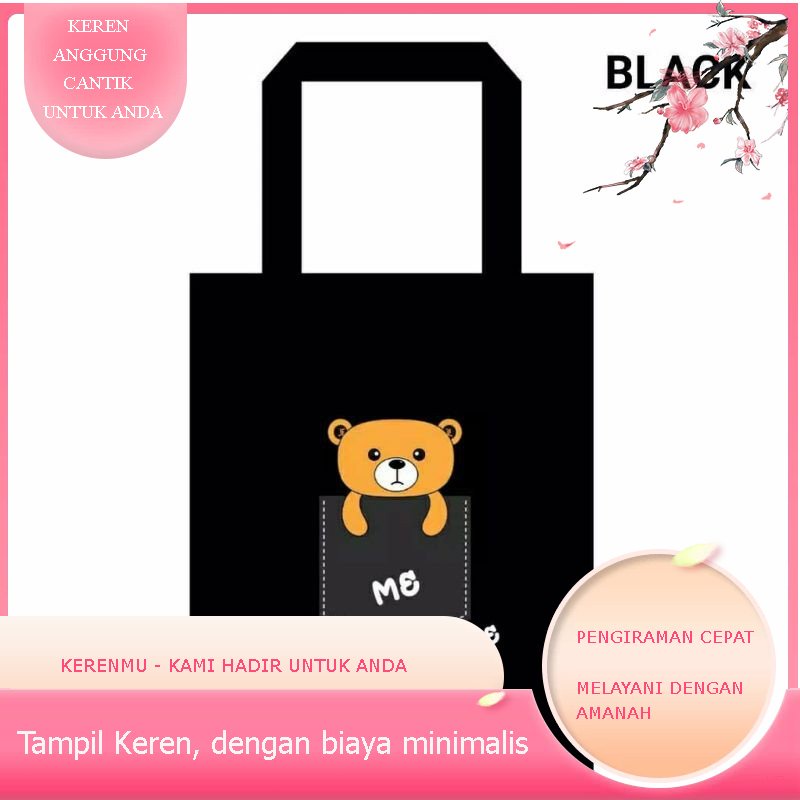 TAS TOTE BAG KERENMU BEAR PRINTING FASHION WANITA BATAM CANVAS KULIAH SABLON