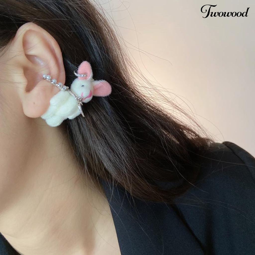 Twowood 1Pc Telinga Manset Menggemaskan Liontin Mewah Buatan Tangan Pengerjaan Halus Eye-catching Hadiah Memberikan Fashion Perempuan Kelinci Putih Klip Anting-Anting Perhiasan Aksesori