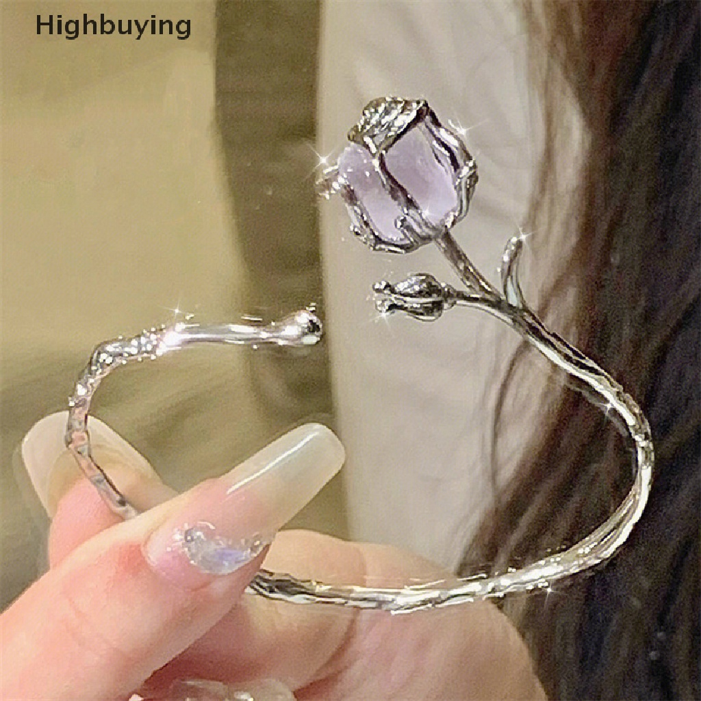 Hbid Tidak Teratur Ungu Rose Gelang Untuk Wanita Gadis Warna Perak Halus Perhiasan Hadiah Terbuka Bangle Gelang Adjustable Bangle Bunga Perhiasan Glory