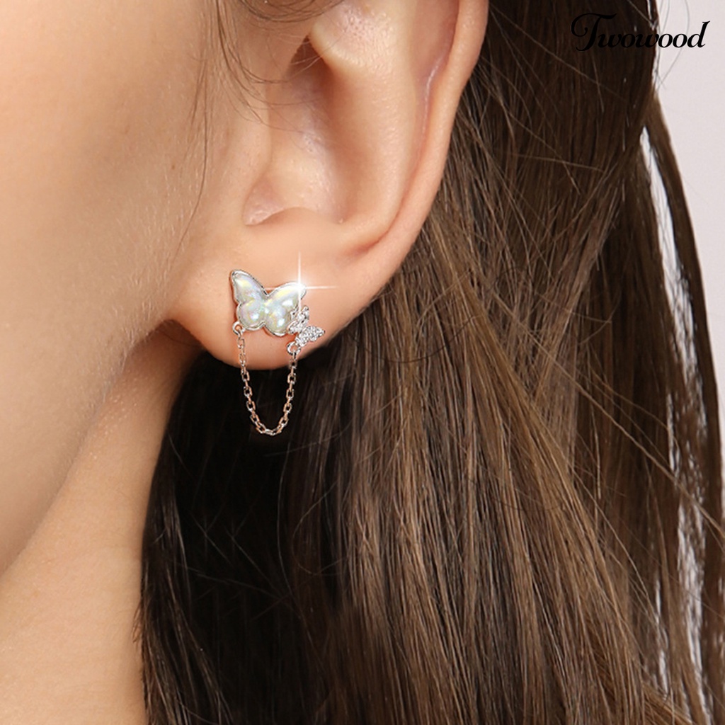 Twowood 1pasang Ear Studs Mini Faux Moonstone Elegan Berlian Imitasi Tertanam Kupu-Kupu Rantai Wanita Anting Fashion Perhiasan