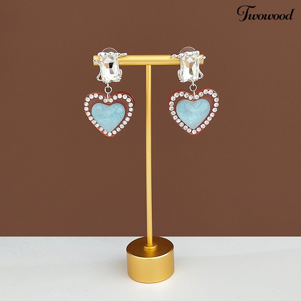 Twowood 1pasang Menjuntai Anting Vintage Romantis Bersinar Cubic Zirconia Hias Geometris Hadiah Wanita Hati Liontin Stud Earrings Pesona Perhiasan Untuk Pacaran