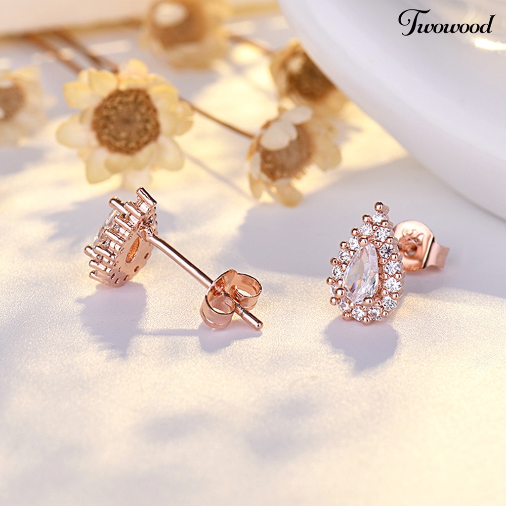 Twowood 1pasang Ear Studs Vintage Temperamen Shiny Cubic Zirconia Hias Electroplating Dress Up Hadiah Wanita Gadis Tetesan Air Stud Earrings Perhiasan Aksesoris