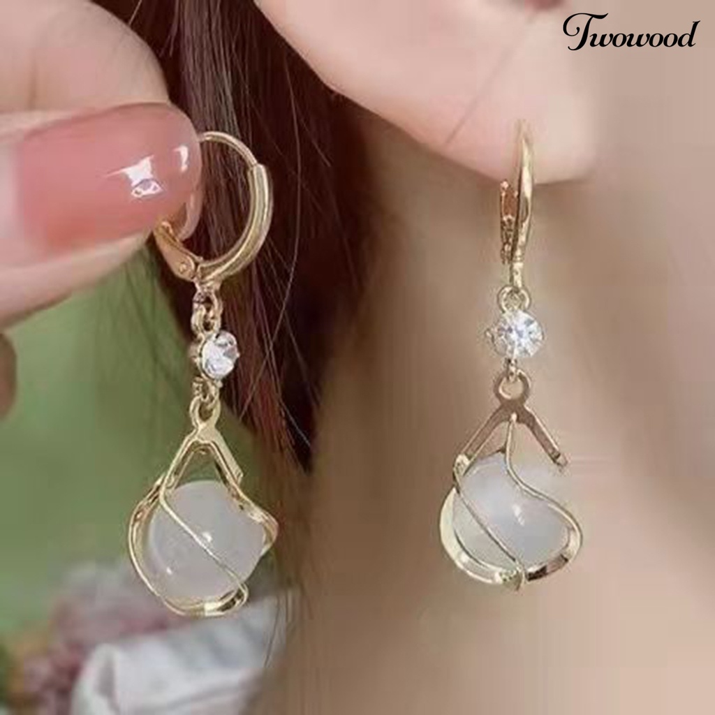 Twowood 1pasang Drop Anting Berongga Keluar Panjang Rumbai Shiny Berlian Imitasi Bertatahkan Berkilau Hias Hadiah Wanita Bulat Faux Opal Pendant Hoop Earrings Fashion Perhiasan