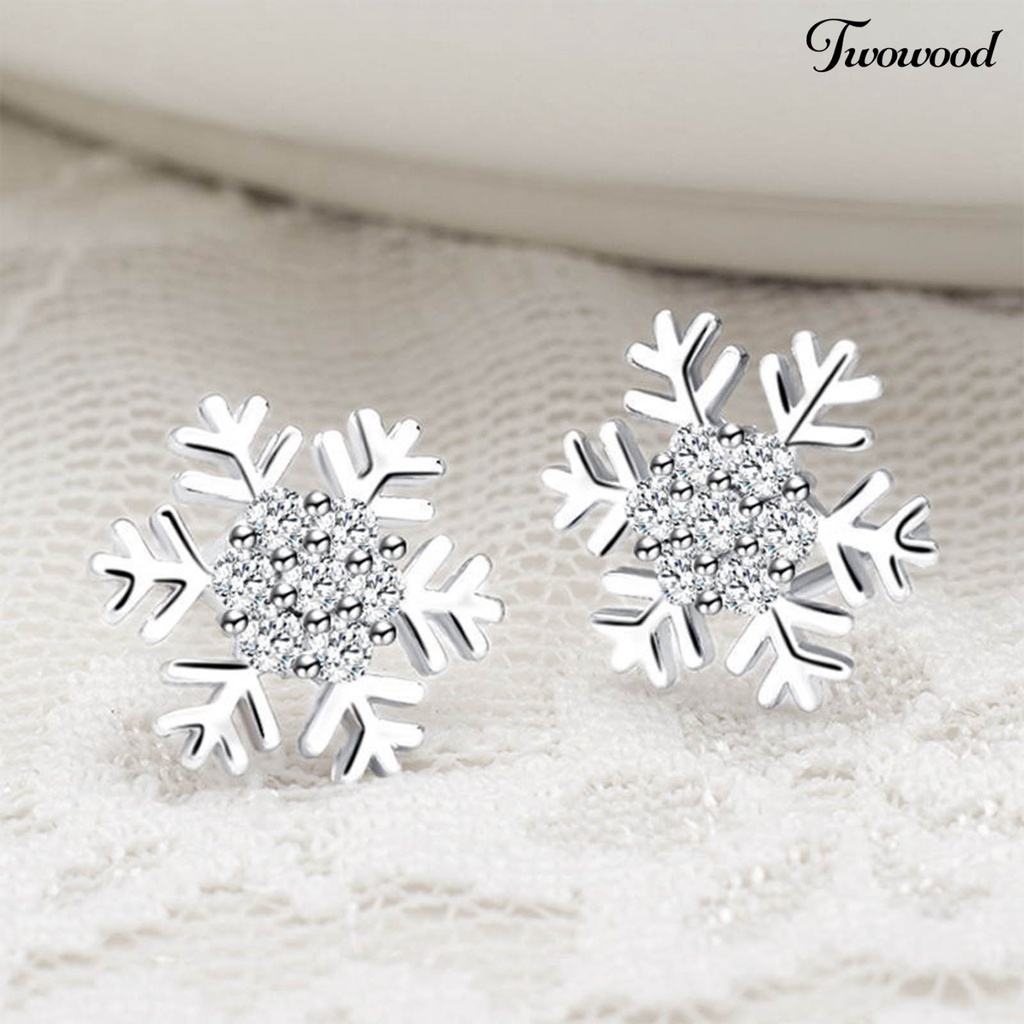 Twowood 1pasang Ear Studs Elegan Geometris Berlian Imitasi Mengkilap Hias Berkilau Berdandan Hadiah Natal Wanita Snowflake Stud Earrings Perhiasan Pakaian Sehari-Hari