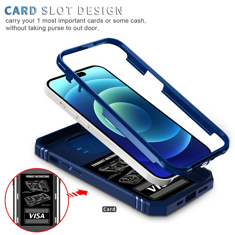 IPHONE Casing Full Case Sersan Push Window Biru Navy Untuk Iphone12 11 13 14 Pro X XS Max14 6 /7 /8 Plus XR 360° Bracket Ring Casing Keras