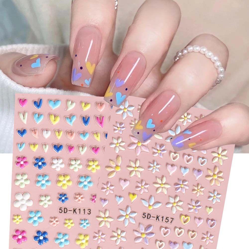 Needway   Bunga Stiker Kuku 5D Relief Fashion Cinta Hati Daisy Self Adhesive Nail Dekorasi