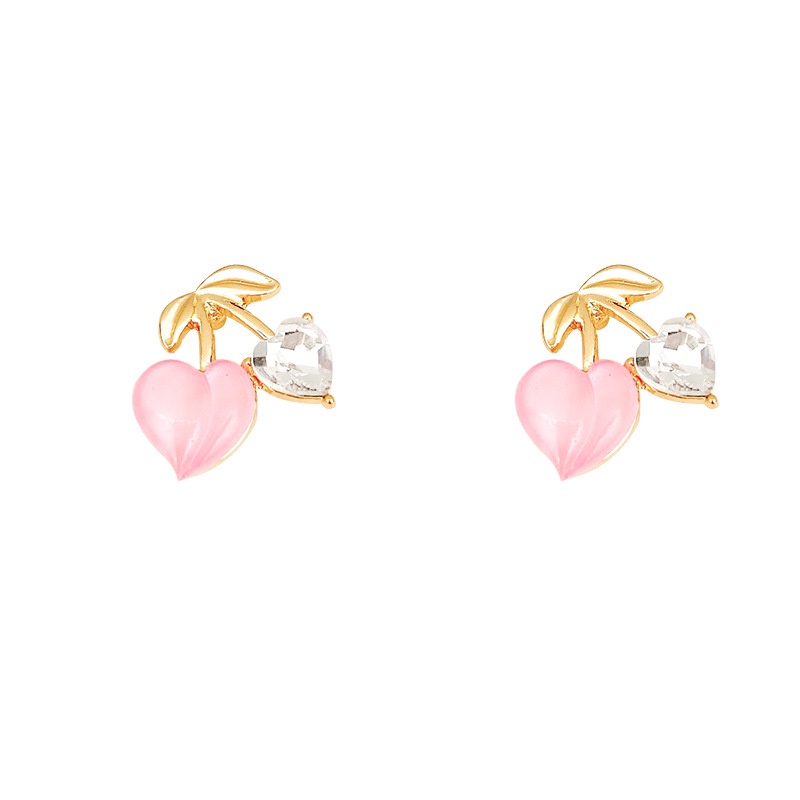 Fashion Honey Peach Earrings Korean Style Small Fresh Pink Love Rhinestone Cherry Earrings