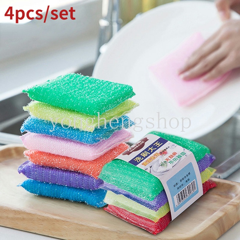 4pcs/set Spons Cuci Piring Panci Alat Cuci Mangkok Scouring Pad Cleaning Brush Dish Towel Spons Dekontaminasi Warna Random Perlengkapan Dapur