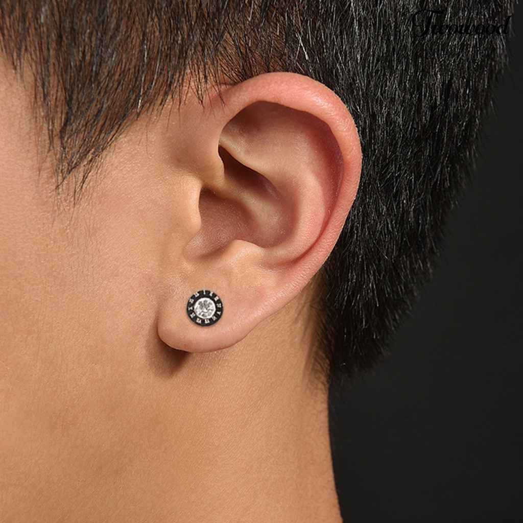 Twowood 1pasang Ear Studs Angka Romawi Retro Bulat Hip Hop Punk Hadiah Mini Bling Berlian Imitasi Pria Anting Fashion Perhiasan