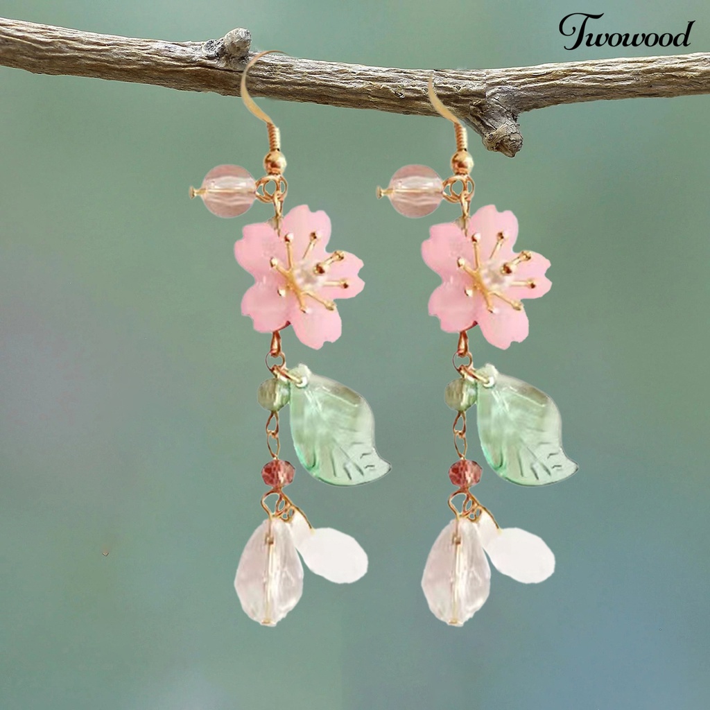 Twowood 1pasang Ladies Earrings Unik Chic Semua Pertandingan Panjang Elegan Hias Logam Bunga Sakura Menjuntai Anting Hadiah