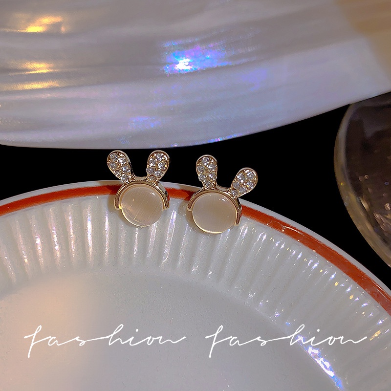 Korean Fashion Opal Diamond Rabbit Stud Earrings for Women