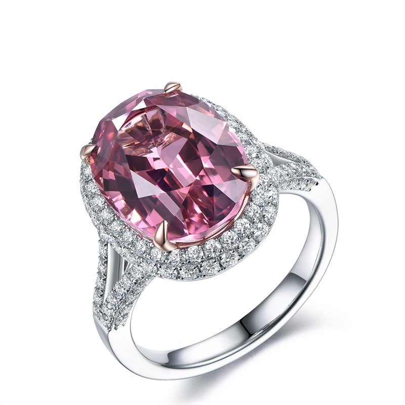 Goldkingdom Fashion Perhiasan Aksesoris Ready Stock Perhiasan 5karat Sintetis Pink Tourmaline Cincin Perempuan Berlapis 18K Emas Putih Bertatahkan Zirkon Hidup Cincin