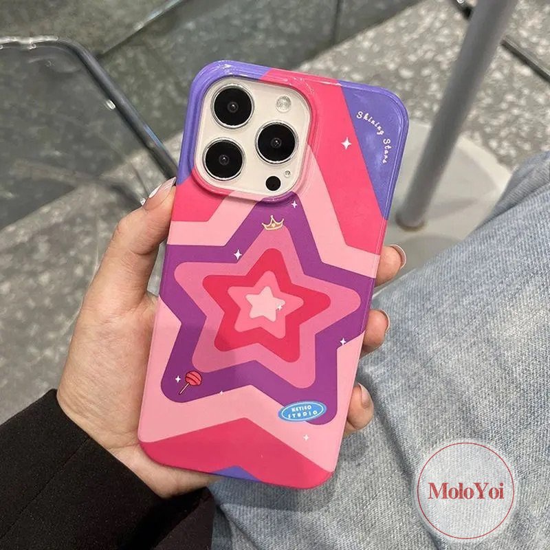 Kompatibel Untuk IPhone 14 Pro Max11 7 8 Plus XR 13 12 Pro Max 7plus X XS Max SE 2020 Rose Red Fashion Gradient Stars Shockproof Glossy Halus Soft Cover