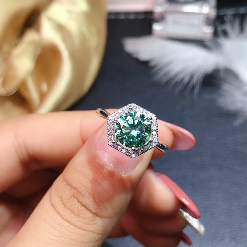 Goldkingdom Aksesoris Perhiasan Fashion Ready Stock Perhiasan Mewah Ringan Delapan Hati Dan Delapan Panah Cincin Berlian Moissan Biru Dan Hijau Moissan