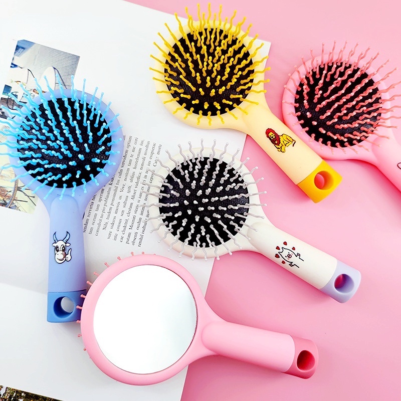 [Unggulan] 2-in-1 Sisir Rambut Lipat Flip Mini Cermin Pola Tiga Dimensi Yang Lucu Air Cushion Comb Daily Hair Care Tools Untuk Wanita Pijat Sederhana Sisir Bantal Udara