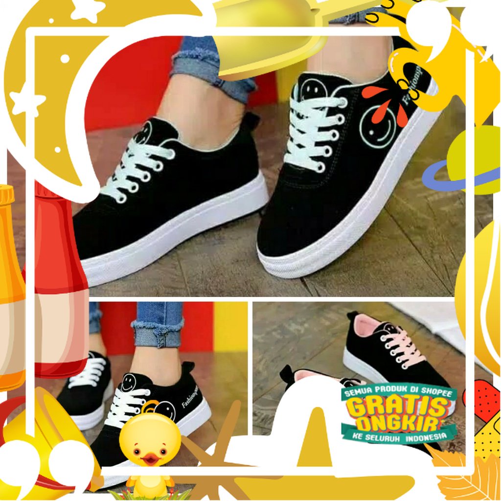 Sepatu kets fashion sport smile wanita/ sepatu kets kasual hitam cewek/ sepatu running sport wanita/