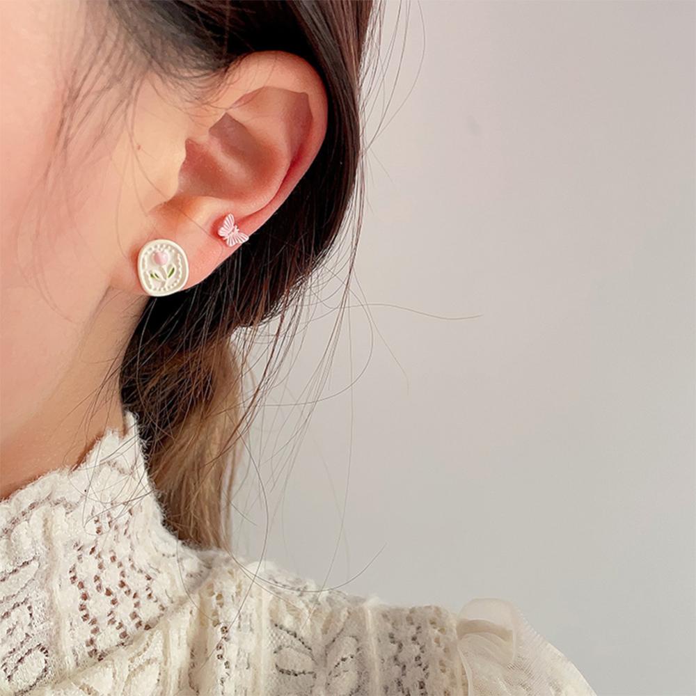 Timekey 6pcs/set Niche Sederhana Tulip Anting Pink Biru Alloy Ear Studs Earrings Halus Perhiasan Aksesoris Untuk Wanita S5U9