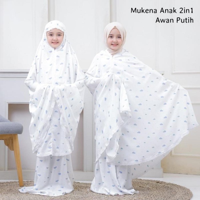 Mukena Anak Mukena Adem Anak 2in1 Usia 12-17 Tahun Motif Awan Cantik Katun Rayon - Putih Bisa COD Le