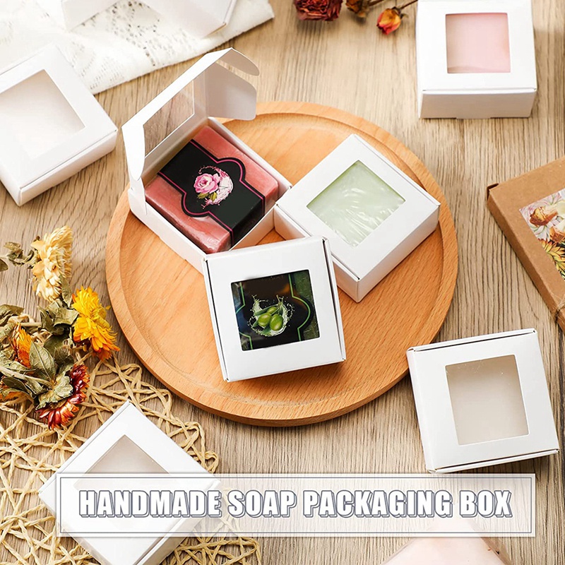 50biji Paper Box Kraft Mini Dengan Jendela Kekinian Packaging Box Kotak Tapak Sabun Homemade Tapak Bakery Candy