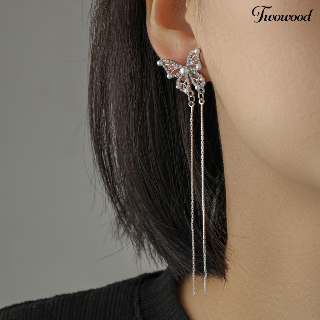 Twowood 1pasang Drop Earrings Geometris Berlebihan Temperamen Hias Mengkilap Berdandan Elegan Klasik Berlian Imitasi Kupu-Kupu Rumbai Anting Perhiasan Fashion