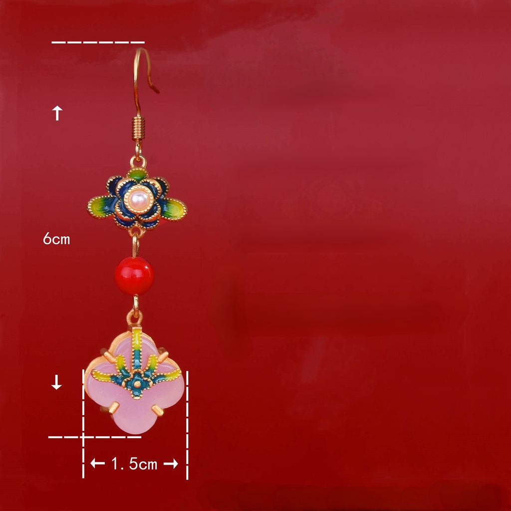 Goldkingdom Aksesoris Perhiasan Fashion Ready StockAncient Warisan Sepuhan Pengerjaan, Anting Enamel Dicat Klasik Oriental, Jumbai Lotus Dan Anting Pejantan Giok