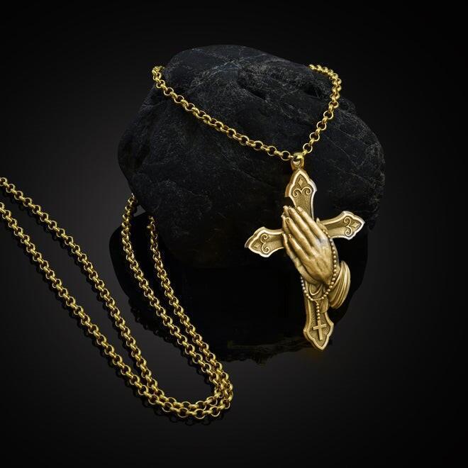 Goldkingdom Fashion Perhiasan Aksesoris Ready Stock Baru Dua Tangan Doa Salib Vintage Kalung Berlapis Eropa Dan Amerika925 Thai Perak Hitam Liontin