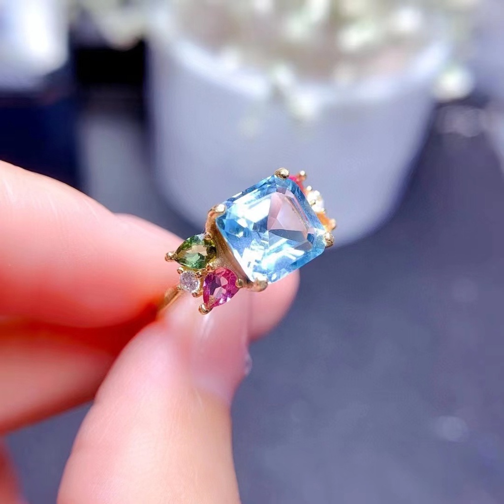 Goldkingdom Fashion Perhiasan Aksesoris Ready Stock Baru Hidup Drainase Meledak Zamrud Dipotong Santa Maria Topaz Cincin Aquamarine Pembukaan Perempuan Cincin