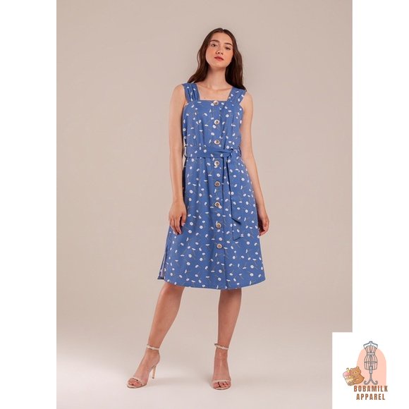 𝙋𝙍𝙀𝙇𝙊𝙑𝙀𝘿 Impromptu Daisy Tied Blue Flower Floral Midi Long Jeans Midi Dress Fashion Wanita