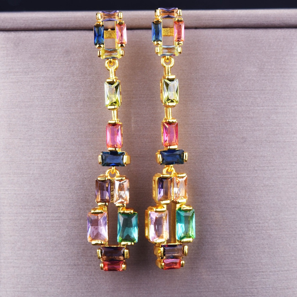 Goldkingdom Fashion Perhiasan Aksesoris Ready Stock Premium Warna Kontras Anting Fashion Anting Berlian Kilat Super Nyata Colorful Tourmaline Wajah Bulat Slim Anting Panjang