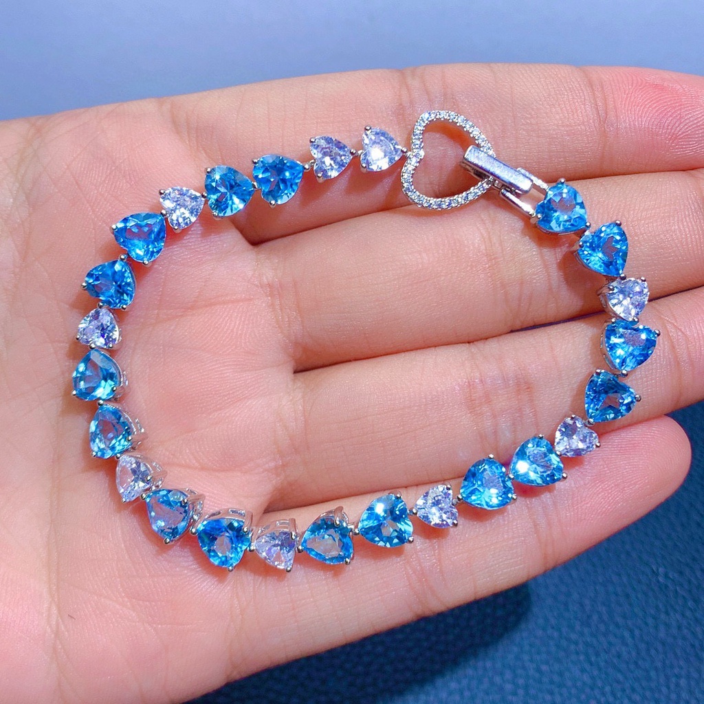 Goldkingdom Fashion Perhiasan Aksesoris Ready Stock Baru Alami Swiss Topaz Biru Gelang Canggih Perempuan Mewah Aquamarine Karbon Tinggi Berlian Gesper Gelang.