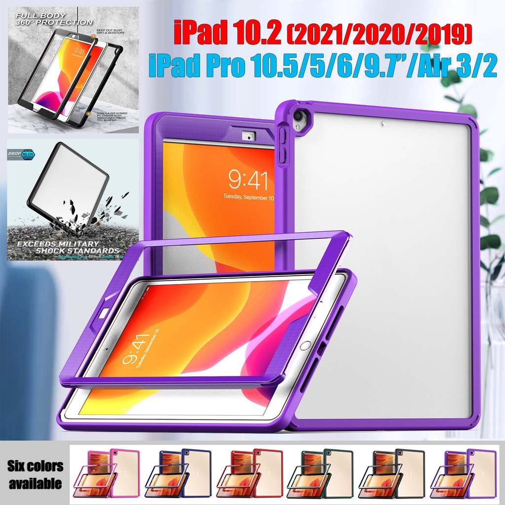 Untuk iPad 10.2 2021 2020 2019 9th 8th 7th Gen Pro 10.5 6 5 9.7 2017 2018 Air3 2 1 Fashion Shockproof Tablet Case Full Body360° Protection Casing 2in1 Bingkai Lepas Tutup Bening