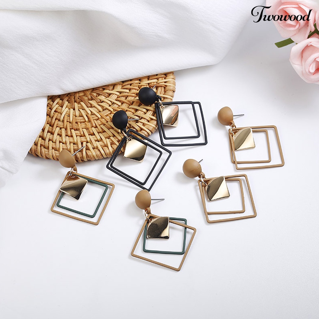 Twowood 1pasang Menjuntai Anting Geometris Matte Kepribadian Minimalis Berongga Double Belah Ketupat Wanita Stud Earrings Fashion Jewelry