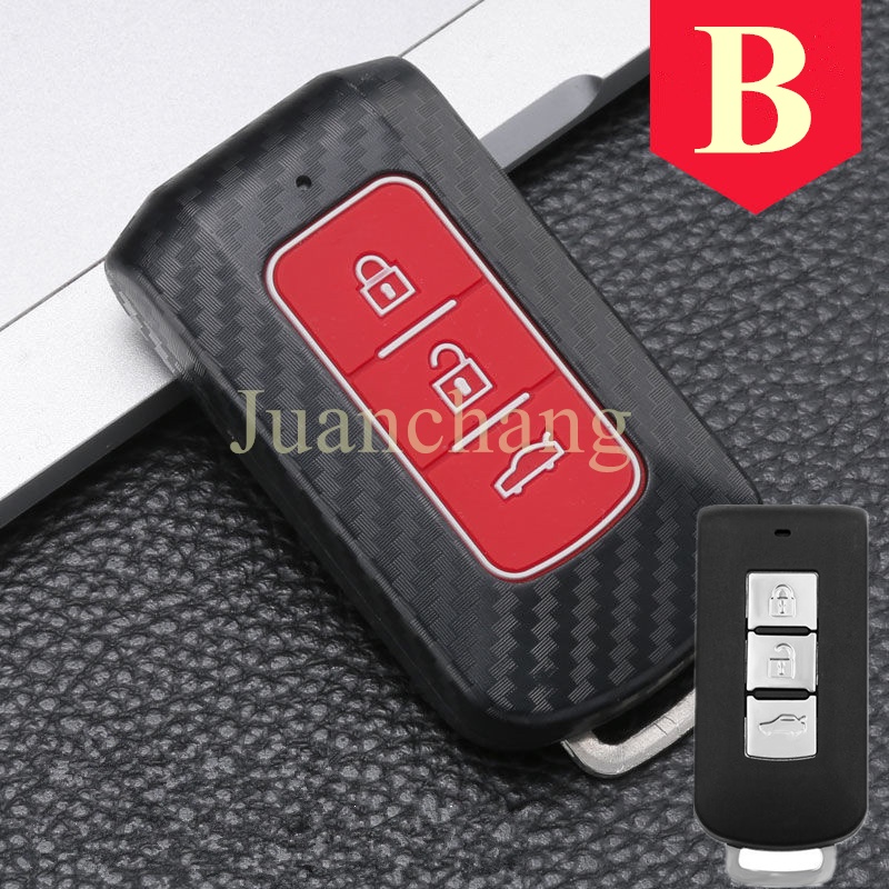 Case Remote Kunci Mobil Bahan Karet ABS Motif Carbon Fiber Untuk Mitsubishi Montero GLS Mirage Xpander Strada Outlander 2016