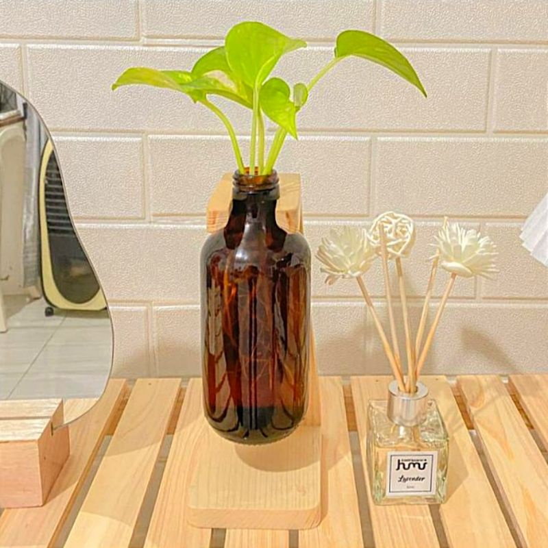 1 Set Vas Bunga Kaca Amber Stand Kayu Aesthetic / Pajangan Estetik Hiasan Meja Dekorasi Rumah Minimalis / Pot Tanaman Air Hidroponik Estetik / Planter Botol Kayu