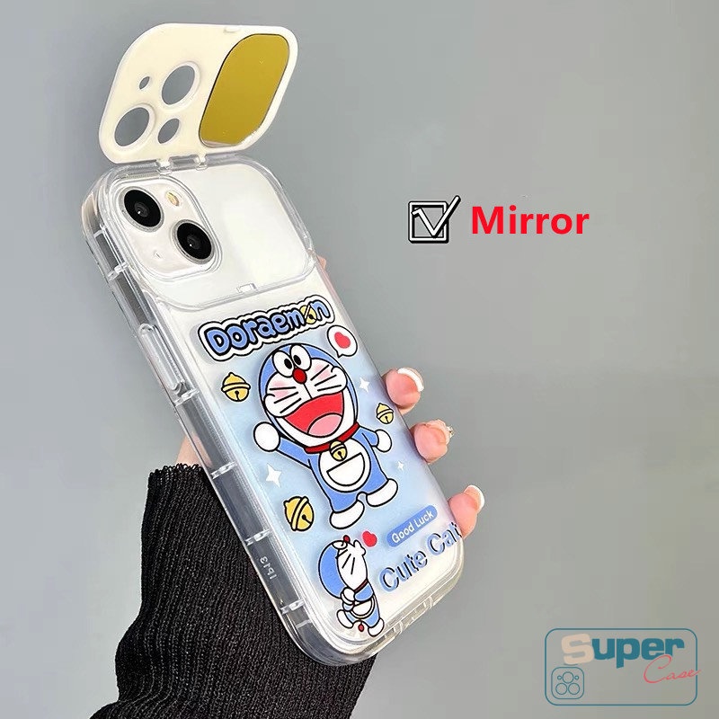 IPHONE Kucing Lucu Kartun Doraemon Kepribadian Flip Make Up Mirror Case Kompatibel Untuk Iphone11 13 14 12 Pro MAX XR 78 14 Plus XS X MAX SE 2020 Lembut TPU Shockproof Phone Cover Casing