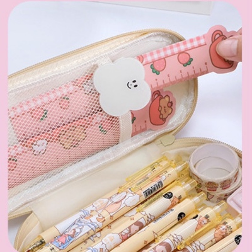 [Kapasitas] Ins PVC Pensil Case 2-Layer Siswa Anak Pulpen Tas Gadis Kawaii Sekolah Pen Case Tas Kosmetik Tas Multifungsi