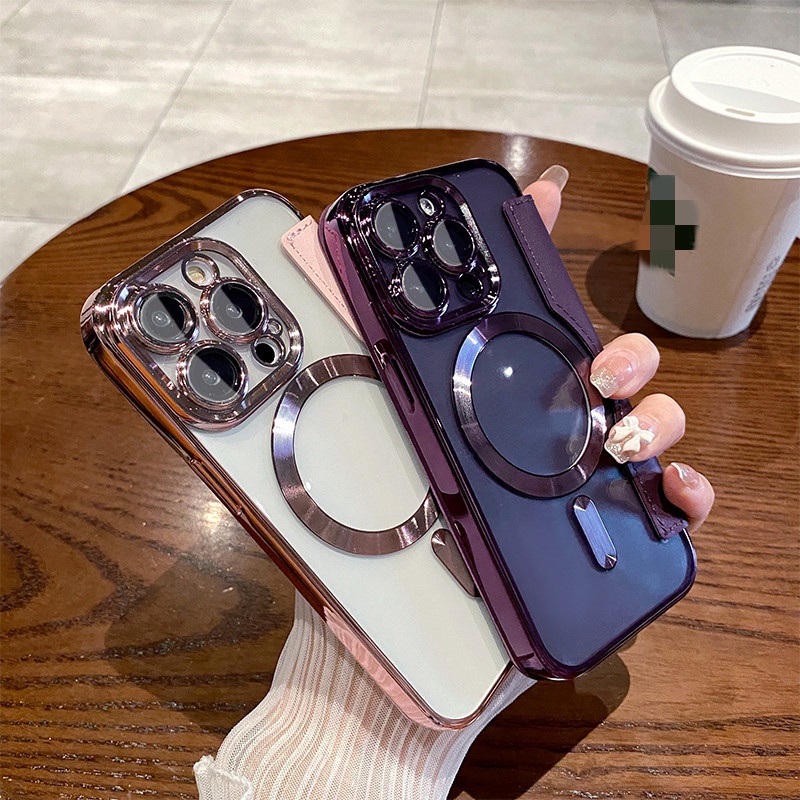 Cincin Magnet Mewah+Kamera protection lens case iPhone 14 Pro Max case iPhone 13 11 12 Pro Max14 Plus Pro leather card holder, metal Transparan Perlindungan shock Belakang Lembut