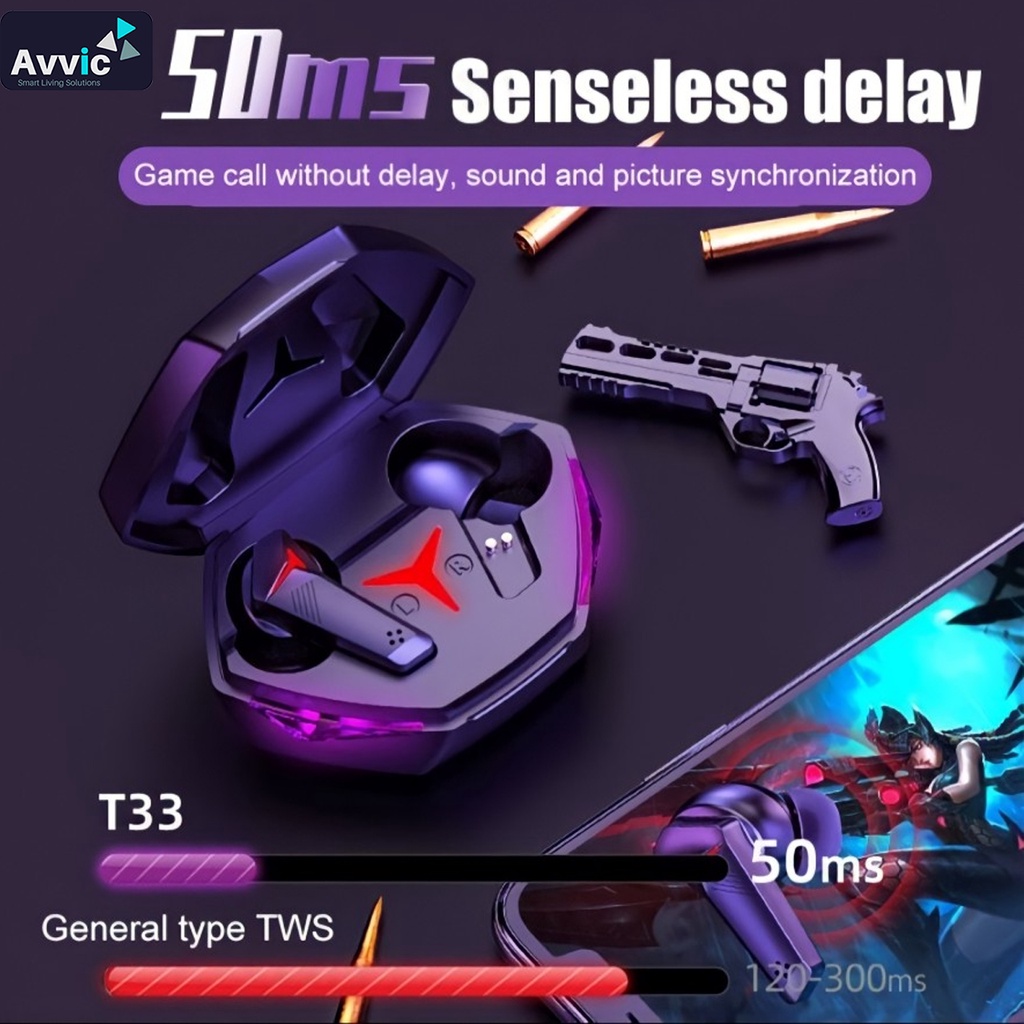 T33 TWS Headset Bluetooth 5.2 Wireless Gaming Earphone Full Bass Noise Cancelling Earbuds HiFi Stereo Handsfree