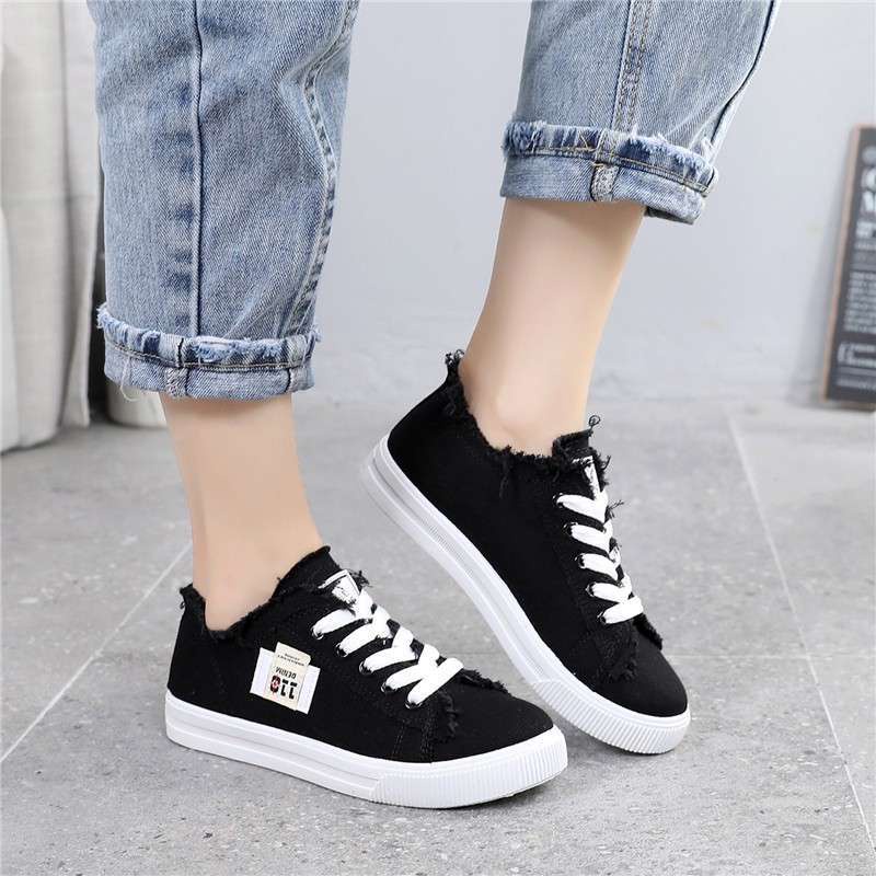 Sepatu Sneakers Kets Wanita Denim Dc Hitam Putih Korean Style Tali Casual Ootd Korea - Cladiva FSH266