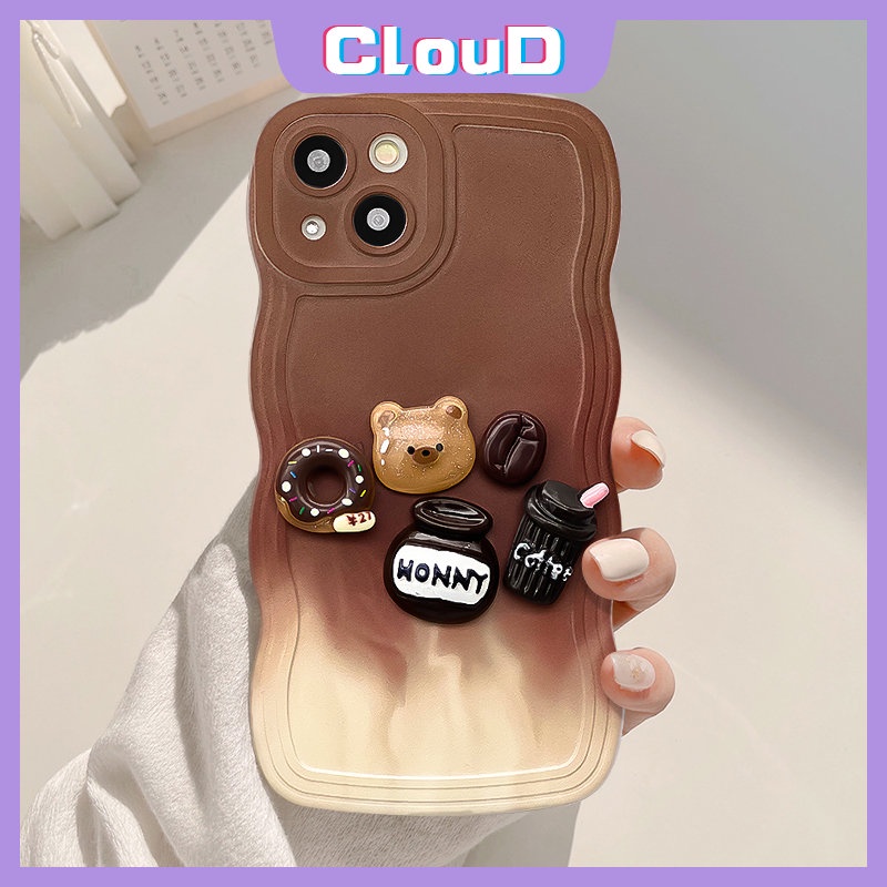 Mainan Kartun 3D Lucu Beruang Donat Case Kopi Kompatibel Untuk iPhone 7Plus 11 14 13 12 Pro Max X XR XS Max 6 14 7 8 6s Plus SE 2020 Soft Tpu Gradient Color Soft Tpu Penutup Tepi Bergelombang