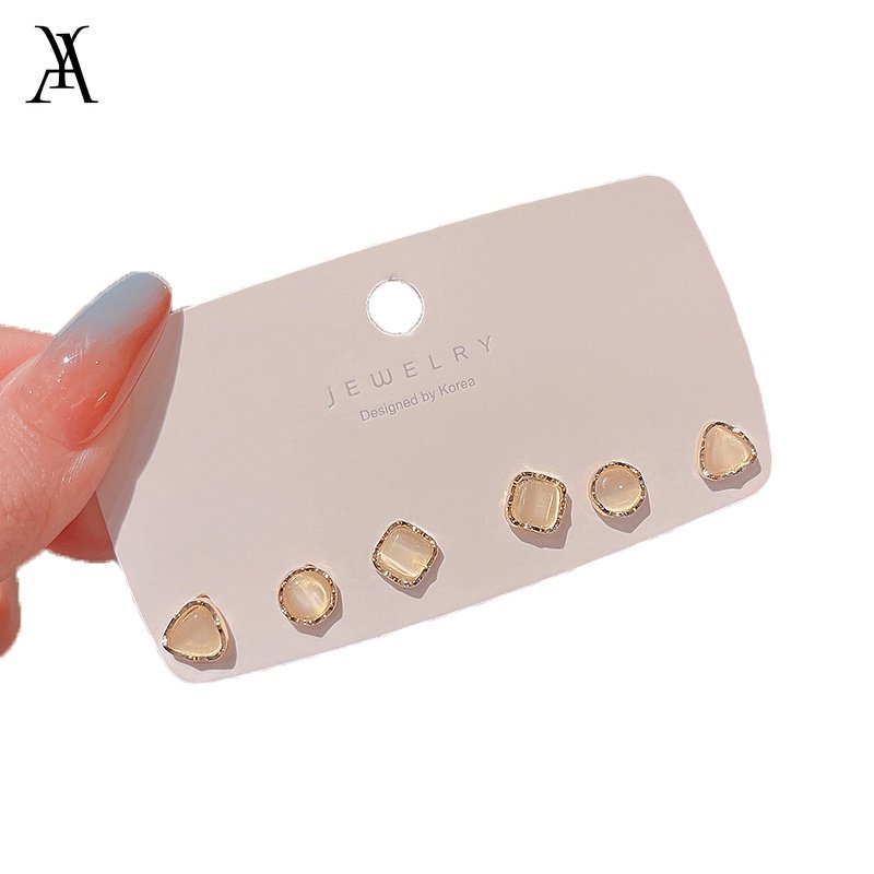 AY(CN) 3 Pasang / Set Anting Stud Bentuk Persegi Bulat Segitiga Aksen Permata Gaya Elegan Untuk Wanita