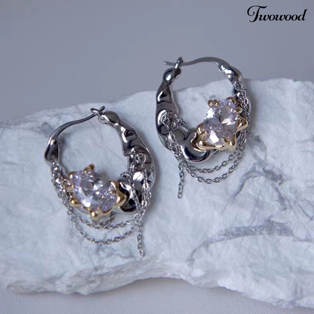 Twowood 1pasang Wanita Anting Bersinar Berlian Imitasi Rantai Pesona Wanita Fashion Hoop Earrings Perhiasan Gadis Hadiah