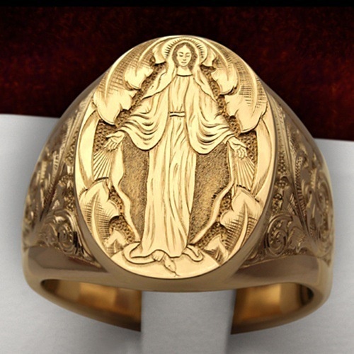 Goldkingdom Aksesoris Perhiasan Fashion Ready Stock Elegan Netral Cincin Berlapis Emas Virgin Mary Berkah USA Emblem Handcarved Cincin Religi