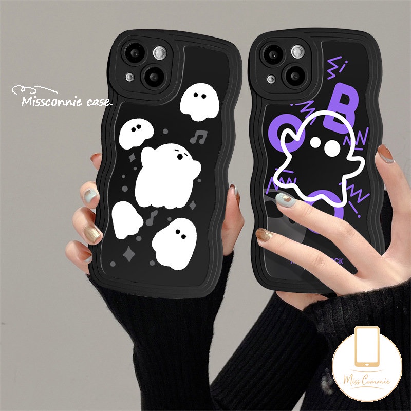 Casing Tepi Bergelombang Kompatibel Untuk iPhone 7Plus 11 Pro Max XR X XS Max 6s 7 8 6 14 Plus 13 11 12 14 Pro Max SE 2020 Kreatif Hantu Lucu Hitam Lembut Tpu Penutup Belakang