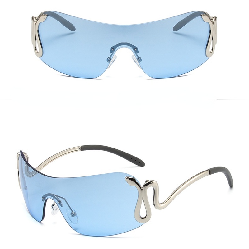 (YUZHU) Mode Barat Cyberpunk Kacamata One-piece Frameless Silver Snake Sunglasses Unisex