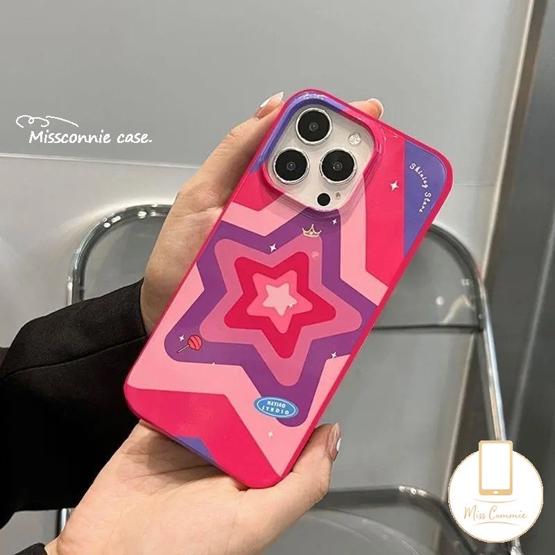 IPHONE Ins Fashion Gradien Bintang Rose Merah Casing Ponsel Kompatibel Untuk Iphone11 14 13 12 Pro Max 7plus XR 78 Plus X XS Max SE 2020 Perlindungan Kamera Tahan Guncangan Glossy Soft Cover